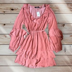 VERSONA Women’s Silky Long Sleeve V-Neck Ruffle Mini Dress in Baked Clay